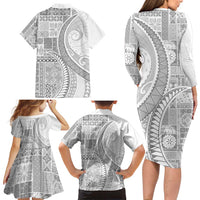 Samoa Siapo White Sunday Family Matching Long Sleeve Bodycon Dress and Hawaiian Shirt Lotu Tamaiti Polynesian White Pattern - Polynesian Pride
