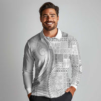 Samoa Siapo White Sunday Long Sleeve Polo Shirt Lotu Tamaiti Polynesian White Pattern - Polynesian Pride
