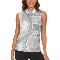 Samoa Siapo White Sunday Women Sleeveless Polo Shirt Lotu Tamaiti Polynesian White Pattern - Polynesian Pride