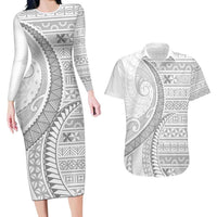 Tokelau White Sunday Couples Matching Long Sleeve Bodycon Dress and Hawaiian Shirt Lotu Tamaiti Ngatu Tokelau Feletoa Manulua - Polynesian Pride