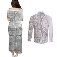 Tonga White Sunday Couples Matching Puletasi and Long Sleeve Button Shirt Lotu Tamaiti Ngatu Tribal - Polynesian Pride
