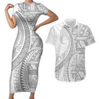 Tonga White Sunday Couples Matching Short Sleeve Bodycon Dress and Hawaiian Shirt Lotu Tamaiti Ngatu Tribal - Polynesian Pride
