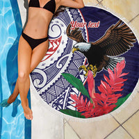 American Samoa Bald Eagle Personalized Beach Blanket Polynesian Teuila Flowers - Polynesian Pride