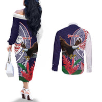 American Samoa Bald Eagle Personalized Couples Matching Off The Shoulder Long Sleeve Dress and Long Sleeve Button Shirt Polynesian Teuila Flowers - Polynesian Pride