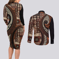 Vintage Samoa Siapo Mamanu Couples Matching Long Sleeve Bodycon Dress and Long Sleeve Button Shirt Brown Samoan Tapa Motif - Polynesian Pride