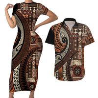 Vintage Samoa Siapo Mamanu Couples Matching Short Sleeve Bodycon Dress and Hawaiian Shirt Brown Samoan Tapa Motif - Polynesian Pride