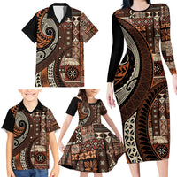 Vintage Samoa Siapo Mamanu Family Matching Long Sleeve Bodycon Dress and Hawaiian Shirt Brown Samoan Tapa Motif - Polynesian Pride