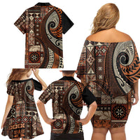 Vintage Samoa Siapo Mamanu Family Matching Off Shoulder Short Dress and Hawaiian Shirt Brown Samoan Tapa Motif - Polynesian Pride
