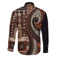 Vintage Samoa Siapo Mamanu Family Matching Off Shoulder Short Dress and Hawaiian Shirt Brown Samoan Tapa Motif - Polynesian Pride