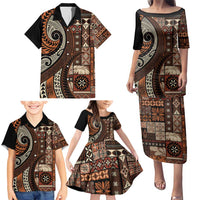 Vintage Samoa Siapo Mamanu Family Matching Puletasi and Hawaiian Shirt Brown Samoan Tapa Motif - Polynesian Pride