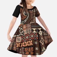 Vintage Samoa Siapo Mamanu Kid Short Sleeve Dress Brown Samoan Tapa Motif LT9 KID Brown - Polynesian Pride