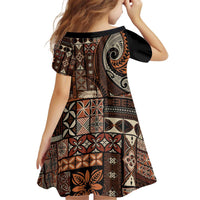 Vintage Samoa Siapo Mamanu Kid Short Sleeve Dress Brown Samoan Tapa Motif LT9 - Polynesian Pride