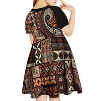 Vintage Samoa Siapo Mamanu Kid Short Sleeve Dress Brown Samoan Tapa Motif LT9 - Polynesian Pride