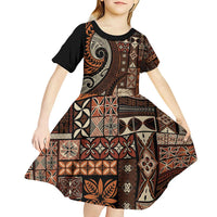 Vintage Samoa Siapo Mamanu Kid Short Sleeve Dress Brown Samoan Tapa Motif LT9 - Polynesian Pride
