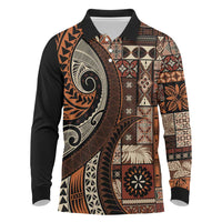 Vintage Samoa Siapo Mamanu Long Sleeve Polo Shirt Brown Samoan Tapa Motif LT9 Brown - Polynesian Pride