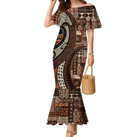 Vintage Samoa Siapo Mamanu Mermaid Dress Brown Samoan Tapa Motif LT9 Women Brown - Polynesian Pride