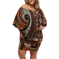 Vintage Samoa Siapo Mamanu Off Shoulder Short Dress Brown Samoan Tapa Motif LT9 Women Brown - Polynesian Pride
