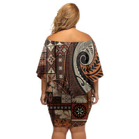 Vintage Samoa Siapo Mamanu Off Shoulder Short Dress Brown Samoan Tapa Motif LT9 - Polynesian Pride