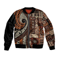 Vintage Samoa Siapo Mamanu Sleeve Zip Bomber Jacket Brown Samoan Tapa Motif LT9 Unisex Brown - Polynesian Pride