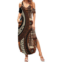 Vintage Samoa Siapo Mamanu Summer Maxi Dress Brown Samoan Tapa Motif LT9 Women Brown - Polynesian Pride