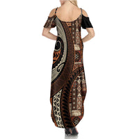 Vintage Samoa Siapo Mamanu Summer Maxi Dress Brown Samoan Tapa Motif LT9 - Polynesian Pride