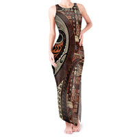 Vintage Samoa Siapo Mamanu Tank Maxi Dress Brown Samoan Tapa Motif LT9 Women Brown - Polynesian Pride