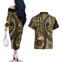 Vintage Samoa Siapo Mamanu Couples Matching Off The Shoulder Long Sleeve Dress and Hawaiian Shirt Gold Samoan Tapa Motif LT9 - Polynesian Pride