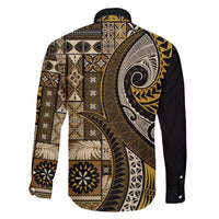 Vintage Samoa Siapo Mamanu Family Matching Long Sleeve Bodycon Dress and Hawaiian Shirt Gold Samoan Tapa Motif - Polynesian Pride