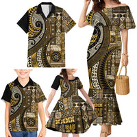 Vintage Samoa Siapo Mamanu Family Matching Mermaid Dress and Hawaiian Shirt Gold Samoan Tapa Motif - Polynesian Pride