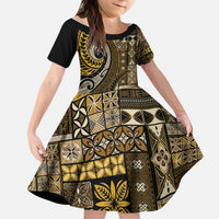 Vintage Samoa Siapo Mamanu Kid Short Sleeve Dress Gold Samoan Tapa Motif LT9 KID Gold - Polynesian Pride