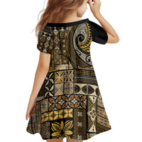 Vintage Samoa Siapo Mamanu Kid Short Sleeve Dress Gold Samoan Tapa Motif LT9 - Polynesian Pride