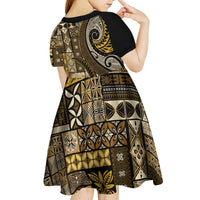 Vintage Samoa Siapo Mamanu Kid Short Sleeve Dress Gold Samoan Tapa Motif LT9 - Polynesian Pride