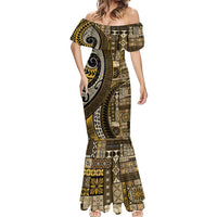 Vintage Samoa Siapo Mamanu Mermaid Dress Gold Samoan Tapa Motif LT9 - Polynesian Pride