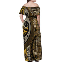 Vintage Samoa Siapo Mamanu Off Shoulder Maxi Dress Gold Samoan Tapa Motif - Polynesian Pride