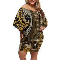 Vintage Samoa Siapo Mamanu Off Shoulder Short Dress Gold Samoan Tapa Motif LT9 Women Gold - Polynesian Pride