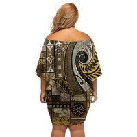 Vintage Samoa Siapo Mamanu Off Shoulder Short Dress Gold Samoan Tapa Motif LT9 - Polynesian Pride