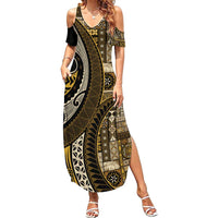 Vintage Samoa Siapo Mamanu Summer Maxi Dress Gold Samoan Tapa Motif LT9 Women Gold - Polynesian Pride