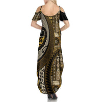 Vintage Samoa Siapo Mamanu Summer Maxi Dress Gold Samoan Tapa Motif LT9 - Polynesian Pride