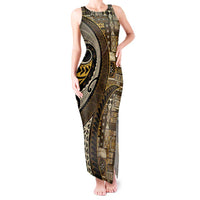 Vintage Samoa Siapo Mamanu Tank Maxi Dress Gold Samoan Tapa Motif LT9 Women Gold - Polynesian Pride