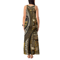 Vintage Samoa Siapo Mamanu Tank Maxi Dress Gold Samoan Tapa Motif LT9 - Polynesian Pride