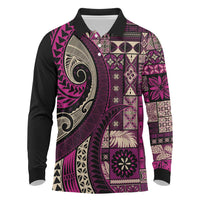 Vintage Samoa Siapo Mamanu Long Sleeve Polo Shirt Pink Samoan Tapa Motif LT9 Pink - Polynesian Pride