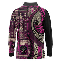 Vintage Samoa Siapo Mamanu Long Sleeve Polo Shirt Pink Samoan Tapa Motif LT9 - Polynesian Pride