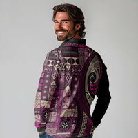 Vintage Samoa Siapo Mamanu Long Sleeve Polo Shirt Pink Samoan Tapa Motif LT9 - Polynesian Pride