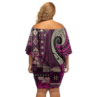 Vintage Samoa Siapo Mamanu Off Shoulder Short Dress Pink Samoan Tapa Motif LT9 - Polynesian Pride