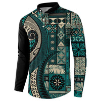 Vintage Samoa Siapo Mamanu Button Sweatshirt Teal Samoan Tapa Motif - Polynesian Pride