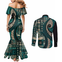 Vintage Samoa Siapo Mamanu Couples Matching Mermaid Dress and Long Sleeve Button Shirt Teal Samoan Tapa Motif - Polynesian Pride