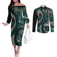 Vintage Samoa Siapo Mamanu Couples Matching Off The Shoulder Long Sleeve Dress and Long Sleeve Button Shirt Teal Samoan Tapa Motif - Polynesian Pride