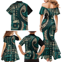 Vintage Samoa Siapo Mamanu Family Matching Mermaid Dress and Hawaiian Shirt Teal Samoan Tapa Motif - Polynesian Pride