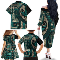 Vintage Samoa Siapo Mamanu Family Matching Off The Shoulder Long Sleeve Dress and Hawaiian Shirt Teal Samoan Tapa Motif - Polynesian Pride