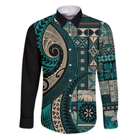 Vintage Samoa Siapo Mamanu Family Matching Off Shoulder Short Dress and Hawaiian Shirt Teal Samoan Tapa Motif - Polynesian Pride